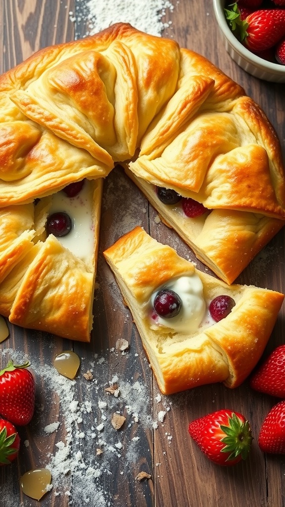 Flaky sourdough puff pastry with cream and berries filling on a rustic table.